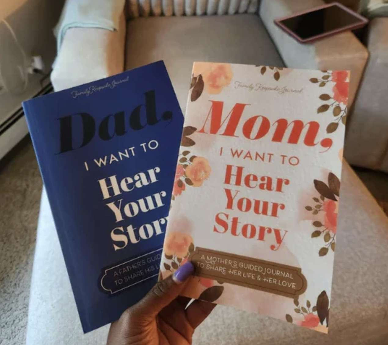 Tell Tales Dad and Mom story journals held together