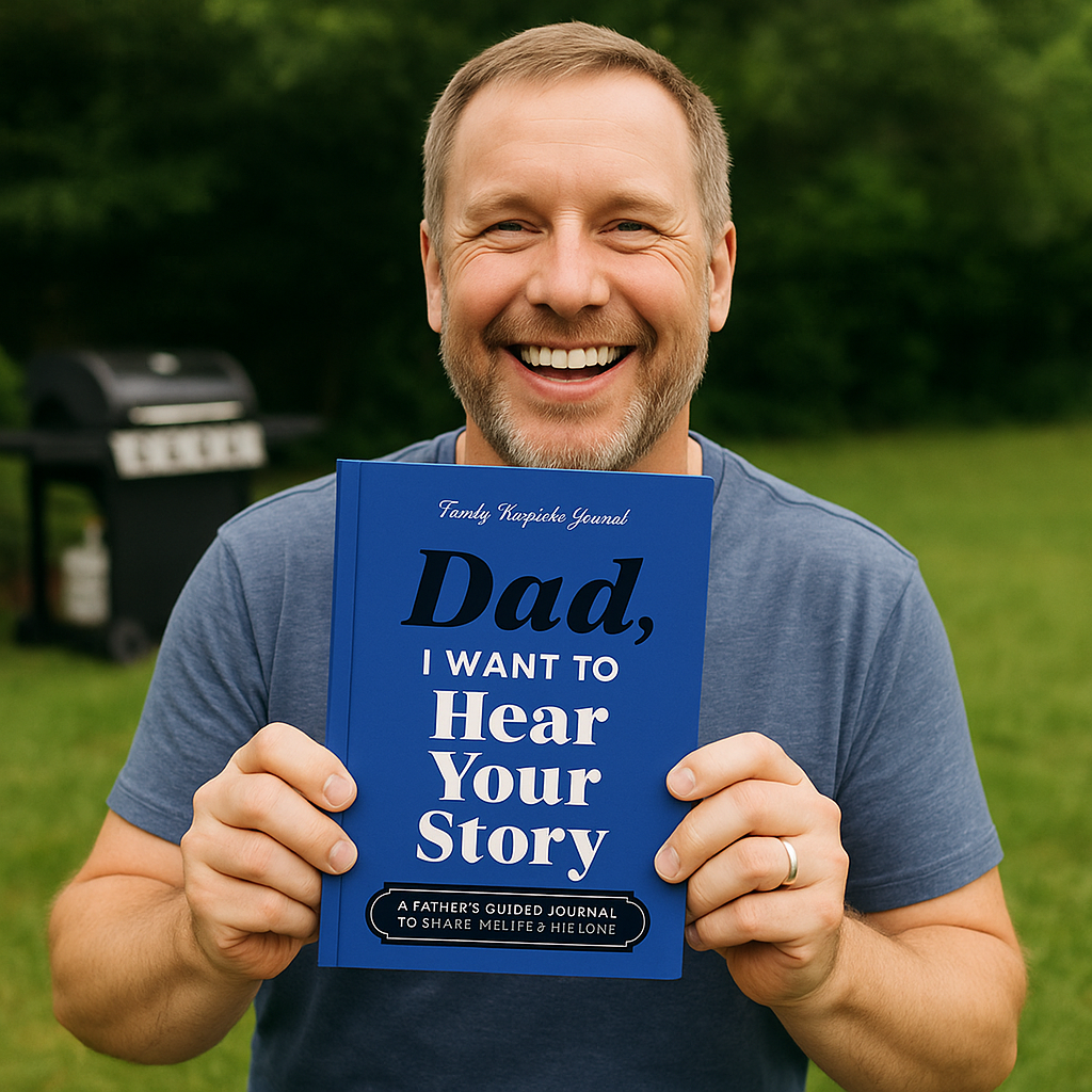 Happy father holding Tell Tales Dad journal outdoors