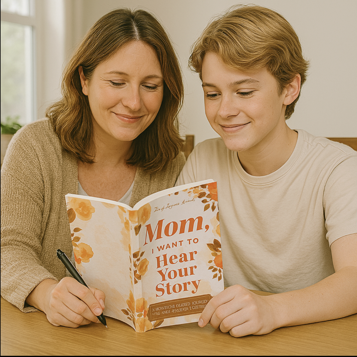 Mother and child reading Tell Tales journal together